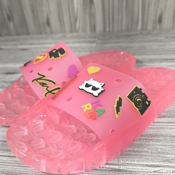 Karl Lagerfeld Paris Thea Fuchsia Pink Translucent Pool Slides-Women's Size8 NEW - Picture 1 of 16